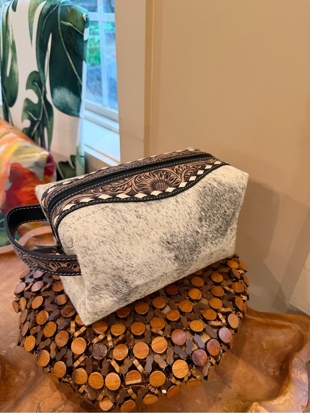 New Western Genuine Cowhide Hair on Tooled Leather Travel Toiletry Makeup Bag